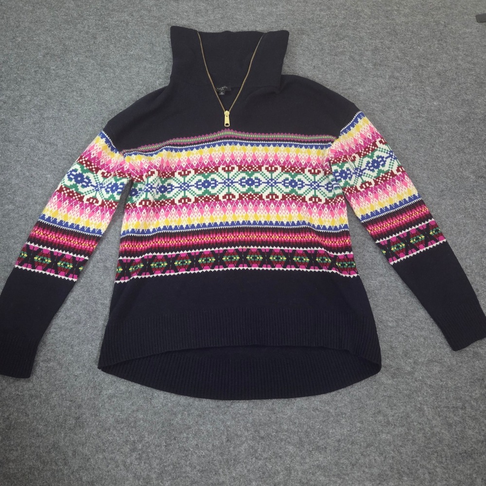 Talbots Petite SP Fair Isle Sweater 1/4 Zip Floral Nordic Navy Multicolor
